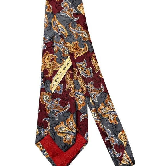 Valentino Garavani Silk Necktie – Baroque Scroll Pattern – Burgundy, Grey, Gold - Picture 3 of 4